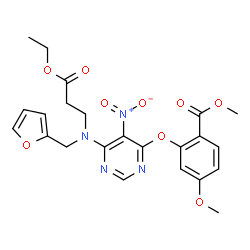 ChemSpider 2D Image | Methyl 2-({6-[(3-ethoxy-3-oxopropyl)(2-furylmethyl)amino]-5-nitro-4-pyrimidinyl}oxy)-4-methoxybenzoate | C23H24N4O9