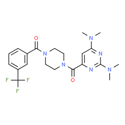 ChemSpider 2D Image | 1-[(2,6-Bis(dimethylamino)pyrimidin-4-yl)carbonyl]-4-(3-(trifluoromethyl)benzoyl)piperazine | C21H25F3N6O2
