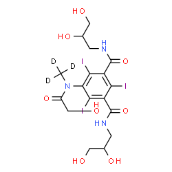 ChemSpider 2D Image | N,N'-Bis(2,3-dihydroxypropyl)-5-{glycoloyl[(~2~H_3_)methyl]amino}-2,4,6-triiodoisophthalamide | C17H19D3I3N3O8