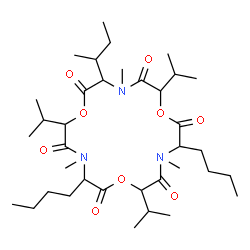 ChemSpider 2D Image | 3,9-Dibutyl-15-sec-butyl-6,12,18-triisopropyl-4,10,16-trimethyl-1,7,13-trioxa-4,10,16-triazacyclooctadecane-2,5,8,11,14,17-hexone | C36H63N3O9