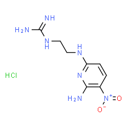 ChemSpider 2D Image | 1-{2-[(6-Amino-5-nitro-2-pyridinyl)amino]ethyl}guanidine hydrochloride (1:1) | C8H14ClN7O2