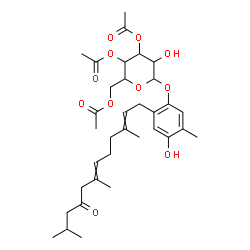 ChemSpider 2D Image | 4-Hydroxy-5-methyl-2-(3,7,11-trimethyl-9-oxo-2,6-dodecadien-1-yl)phenyl 3,4,6-tri-O-acetylhexopyranoside | C34H48O11