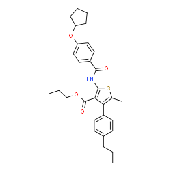 ChemSpider 2D Image | Propyl 2-{[4-(cyclopentyloxy)benzoyl]amino}-5-methyl-4-(4-propylphenyl)-3-thiophenecarboxylate | C30H35NO4S