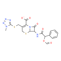 ChemSpider 2D Image | 7-{[(Formyloxy)(phenyl)acetyl]amino}-3-{[(1-methyl-1H-tetrazol-5-yl)sulfanyl]methyl}-8-oxo-5-thia-1-azabicyclo[4.2.0]oct-2-ene-2-carboxylate | C19H17N6O6S2