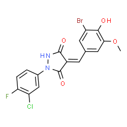 ChemSpider 2D Image | (4E)-4-(3-Bromo-4-hydroxy-5-methoxybenzylidene)-1-(3-chloro-4-fluorophenyl)-3,5-pyrazolidinedione | C17H11BrClFN2O4
