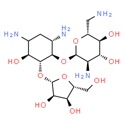 ChemSpider 2D Image | (1R,2R,3S,6S)-4,6-Diamino-3-hydroxy-2-(beta-D-ribofuranosyloxy)cyclohexyl 2,6-diamino-2,6-dideoxy-alpha-D-glucopyranoside | C17H34N4O10