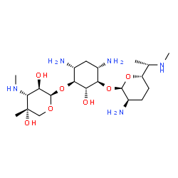 ChemSpider 2D Image | (1S,2S,3R,4S,6R)-4,6-Diamino-3-({(2R,3R,6S)-3-amino-6-[(1S)-1-(methylamino)ethyl]tetrahydro-2H-pyran-2-yl}oxy)-2-hydroxycyclohexyl 3-deoxy-4-C-methyl-3-(methylamino)-beta-L-arabinopyranoside | C21H43N5O7