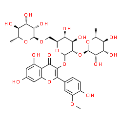 ChemSpider 2D Image | 5,7-Dihydroxy-2-(4-hydroxy-3-methoxyphenyl)-4-oxo-4H-chromen-3-yl 6-deoxy-alpha-D-mannopyranosyl-(1->2)-[6-deoxy-alpha-D-mannopyranosyl-(1->6)]-L-glucopyranoside | C34H42O20