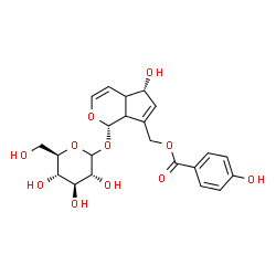 ChemSpider 2D Image | [(1S,5S)-1-(D-Glucopyranosyloxy)-5-hydroxy-1,4a,5,7a-tetrahydrocyclopenta[c]pyran-7-yl]methyl 4-hydroxybenzoate | C22H26O11