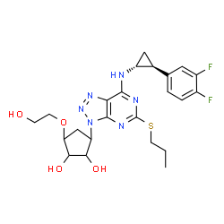 ChemSpider 2D Image | 3-[7-{[(1R,2S)-2-(3,4-Difluorophenyl)cyclopropyl]amino}-5-(propylsulfanyl)-3H-[1,2,3]triazolo[4,5-d]pyrimidin-3-yl]-5-(2-hydroxyethoxy)-1,2-cyclopentanediol | C23H28F2N6O4S
