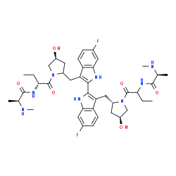 ChemSpider 2D Image | (2S)-N-[(2R)-1-{(4S)-2-[(6,6'-Difluoro-3'-{[(2S,4S)-4-hydroxy-1-(2-{[(2S)-2-(methylamino)propanoyl]amino}butanoyl)-2-pyrrolidinyl]methyl}-1H,1'H-2,2'-biindol-3-yl)methyl]-4-hydroxy-1-pyrrolidinyl}-1-o
xo-2-butanyl]-2-(methylamino)propanamide (non-preferred name) | C42H56F2N8O6