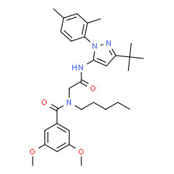 ChemSpider 2D Image | N-(2-{[1-(2,4-Dimethylphenyl)-3-(2-methyl-2-propanyl)-1H-pyrazol-5-yl]amino}-2-oxoethyl)-3,5-dimethoxy-N-pentylbenzamide | C31H42N4O4