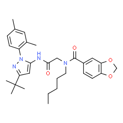 ChemSpider 2D Image | N-(2-{[1-(2,4-Dimethylphenyl)-3-(2-methyl-2-propanyl)-1H-pyrazol-5-yl]amino}-2-oxoethyl)-N-pentyl-1,3-benzodioxole-5-carboxamide | C30H38N4O4