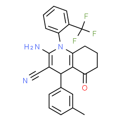 ChemSpider 2D Image | 2-Amino-4-(3-methylphenyl)-5-oxo-1-[2-(trifluoromethyl)phenyl]-1,4,5,6,7,8-hexahydro-3-quinolinecarbonitrile | C24H20F3N3O