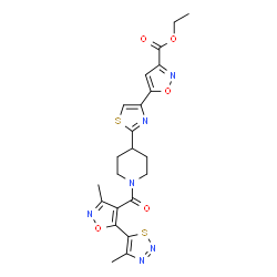ChemSpider 2D Image | Ethyl 5-[2-(1-{[3-methyl-5-(4-methyl-1,2,3-thiadiazol-5-yl)-1,2-oxazol-4-yl]carbonyl}-4-piperidinyl)-1,3-thiazol-4-yl]-1,2-oxazole-3-carboxylate | C22H22N6O5S2