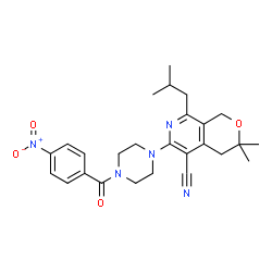ChemSpider 2D Image | 8-Isobutyl-3,3-dimethyl-6-[4-(4-nitrobenzoyl)-1-piperazinyl]-3,4-dihydro-1H-pyrano[3,4-c]pyridine-5-carbonitrile | C26H31N5O4