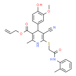 ChemSpider 2D Image | Allyl 5-cyano-4-(4-hydroxy-3-methoxyphenyl)-2-methyl-6-({2-[(2-methylphenyl)amino]-2-oxoethyl}sulfanyl)-1,4-dihydro-3-pyridinecarboxylate | C27H27N3O5S