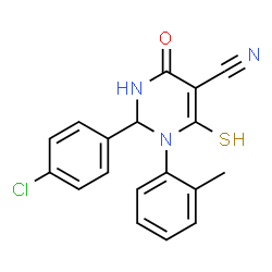 ChemSpider 2D Image | 2-(4-Chlorophenyl)-1-(2-methylphenyl)-4-oxo-6-sulfanyl-1,2,3,4-tetrahydro-5-pyrimidinecarbonitrile | C18H14ClN3OS