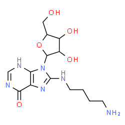 ChemSpider 2D Image | 8-[(4-Aminobutyl)amino]-9-pentofuranosyl-3,9-dihydro-6H-purin-6-one | C14H22N6O5