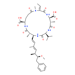 ChemSpider 2D Image | (2Z,5R,6S,9S,12S,13S,16R)-2-Ethylidene-9-isopropyl-12-[(1E,3E,5S,6S)-6-methoxy-3,5-dimethyl-7-phenyl-1,3-heptadien-1-yl]-1,6,13-trimethyl-3,7,10,14,19-pentaoxo-1,4,8,11,15-pentaazacyclononadecane-5,16
-dicarboxylic acid | C40H57N5O10