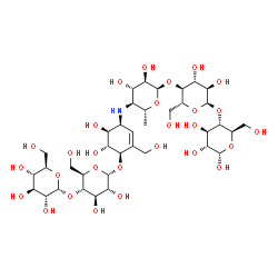 ChemSpider 2D Image | 4,6-DIDEOXY-4-{[4-[(4-O-HEXOPYRANOSYLHEXOPYRANOSYL)OXY]-5,6-DIHYDROXY-3-(HYDROXYMETHYL)CYCLOHEX-2-EN-1-YL]AMINO}HEXOPYRANOSYL-(1->4)HEXOPYRANOSYL-(1->4)HEXOPYRANOSE | C37H63NO28