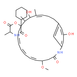 ChemSpider 2D Image | (6Z,8Z,10Z,16Z)-15,22-Dihydroxy-5-methoxy-14,16-dimethyl-3-oxo-2-azabicyclo[18.3.1]tetracosa-1(24),6,8,10,16,20,22-heptaen-13-yl N-(cyclohexylcarbonyl)alaninate | C36H50N2O7