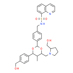 ChemSpider 2D Image | N-[4-(4-[4-(Hydroxymethyl)phenyl]-6-{[2-(hydroxymethyl)-1-pyrrolidinyl]methyl}-5-methyl-1,3-dioxan-2-yl)benzyl]-8-quinolinesulfonamide | C34H39N3O6S