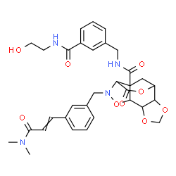 ChemSpider 2D Image | 11-{3-[3-(Dimethylamino)-3-oxo-1-propen-1-yl]benzyl}-N-{3-[(2-hydroxyethyl)carbamoyl]benzyl}-9-oxo-3,5,8,12-tetraoxa-11-azatetracyclo[5.5.2.0~2,6~.0~10,13~]tetradecane-13-carboxamide | C32H36N4O9