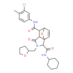 ChemSpider 2D Image | N~6~-(3-Chloro-4-methylphenyl)-N~2~-cyclohexyl-4-oxo-3-(tetrahydro-2-furanylmethyl)-10-oxa-3-azatricyclo[5.2.1.0~1,5~]dec-8-ene-2,6-dicarboxamide | C28H34ClN3O5