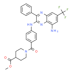 ChemSpider 2D Image | Methyl 1-(4-{[8-amino-3-phenyl-6-(trifluoromethyl)-2-quinoxalinyl]amino}benzoyl)-4-piperidinecarboxylate | C29H26F3N5O3