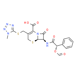 ChemSpider 2D Image | (6R,7R)-7-{[(2S)-2-(Formyloxy)-2-phenylacetyl]amino}-3-{[(1-methyl-1H-tetrazol-5-yl)sulfanyl]methyl}-8-oxo-5-thia-1-azabicyclo[4.2.0]oct-2-ene-2-carboxylic acid | C19H18N6O6S2