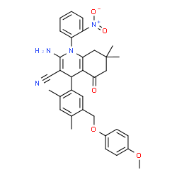 ChemSpider 2D Image | 2-Amino-4-{5-[(4-methoxyphenoxy)methyl]-2,4-dimethylphenyl}-7,7-dimethyl-1-(2-nitrophenyl)-5-oxo-1,4,5,6,7,8-hexahydro-3-quinolinecarbonitrile | C34H34N4O5