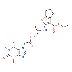 ChemSpider 2D Image | Ethyl 2-({[2-(1,3-dimethyl-2,6-dioxo-1,2,3,6-tetrahydro-7H-purin-7-yl)acetoxy]acetyl}amino)-5,6-dihydro-4H-cyclopenta[b]thiophene-3-carboxylate | C21H23N5O7S