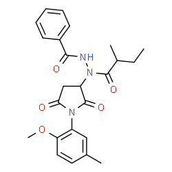 ChemSpider 2D Image | N'-[1-(2-Methoxy-5-methylphenyl)-2,5-dioxo-3-pyrrolidinyl]-N'-(2-methylbutanoyl)benzohydrazide | C24H27N3O5