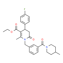 ChemSpider 2D Image | Ethyl 4-(4-fluorophenyl)-2-methyl-1-{3-[(4-methyl-1-piperidinyl)carbonyl]benzyl}-6-oxo-1,4,5,6-tetrahydro-3-pyridinecarboxylate | C29H33FN2O4