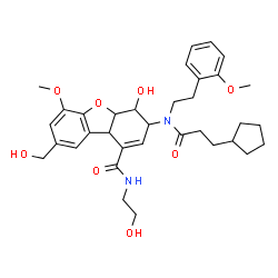 ChemSpider 2D Image | 3-{(3-Cyclopentylpropanoyl)[2-(2-methoxyphenyl)ethyl]amino}-4-hydroxy-N-(2-hydroxyethyl)-8-(hydroxymethyl)-6-methoxy-3,4,4a,9b-tetrahydrodibenzo[b,d]furan-1-carboxamide | C34H44N2O8