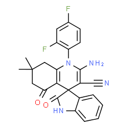 ChemSpider 2D Image | 2'-Amino-1'-(2,4-difluorophenyl)-7',7'-dimethyl-2,5'-dioxo-1,2,5',6',7',8'-hexahydro-1'H-spiro[indole-3,4'-quinoline]-3'-carbonitrile | C25H20F2N4O2