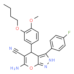 ChemSpider 2D Image | 6-Amino-4-(3-butoxy-4-methoxyphenyl)-3-(4-fluorophenyl)-2,4-dihydropyrano[2,3-c]pyrazole-5-carbonitrile | C24H23FN4O3