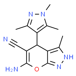 ChemSpider 2D Image | 6-Amino-3-methyl-4-(1,3,5-trimethyl-1H-pyrazol-4-yl)-2,4-dihydropyrano[2,3-c]pyrazole-5-carbonitrile | C14H16N6O