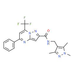 ChemSpider 2D Image | 5-Phenyl-7-(trifluoromethyl)-N-[(1,3,5-trimethyl-1H-pyrazol-4-yl)methyl]pyrazolo[1,5-a]pyrimidine-2-carboxamide | C21H19F3N6O