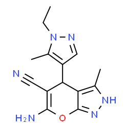 ChemSpider 2D Image | 6-Amino-4-(1-ethyl-5-methyl-1H-pyrazol-4-yl)-3-methyl-2,4-dihydropyrano[2,3-c]pyrazole-5-carbonitrile | C14H16N6O