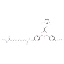 ChemSpider 2D Image | N-Hydroxy-N'-[4-(4-[4-(hydroxymethyl)phenyl]-6-{[(1-methyl-1H-imidazol-2-yl)sulfanyl]methyl}-1,3-dioxan-2-yl)benzyl]octanediamide | C31H40N4O6S