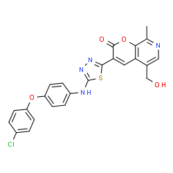 ChemSpider 2D Image | 3-(5-{[4-(4-Chlorophenoxy)phenyl]amino}-1,3,4-thiadiazol-2-yl)-5-(hydroxymethyl)-8-methyl-2H-pyrano[2,3-c]pyridin-2-one | C24H17ClN4O4S