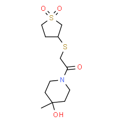 ChemSpider 2D Image | 2-[(1,1-Dioxidotetrahydro-3-thiophenyl)sulfanyl]-1-(4-hydroxy-4-methyl-1-piperidinyl)ethanone | C12H21NO4S2