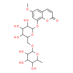 ChemSpider 2D Image | 6-Methoxy-2-oxo-2H-chromen-8-yl 6-O-(6-deoxyhexopyranosyl)hexopyranoside | C22H28O13
