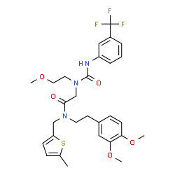 ChemSpider 2D Image | N-[2-(3,4-Dimethoxyphenyl)ethyl]-N~2~-(2-methoxyethyl)-N-[(5-methyl-2-thienyl)methyl]-N~2~-{[3-(trifluoromethyl)phenyl]carbamoyl}glycinamide | C29H34F3N3O5S