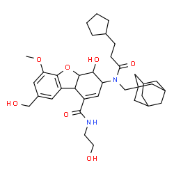 ChemSpider 2D Image | 3-[(Adamantan-1-ylmethyl)(3-cyclopentylpropanoyl)amino]-4-hydroxy-N-(2-hydroxyethyl)-8-(hydroxymethyl)-6-methoxy-3,4,4a,9b-tetrahydrodibenzo[b,d]furan-1-carboxamide | C36H50N2O7