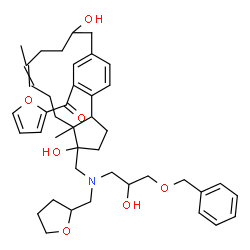 ChemSpider 2D Image | [5-({[3-(Benzyloxy)-2-hydroxypropyl](tetrahydro-2-furanylmethyl)amino}methyl)-5,13-dihydroxy-6,10-dimethyltricyclo[13.2.2.0~2,6~]nonadeca-1(17),9,15,18-tetraen-17-yl](2-furyl)methanone | C42H55NO7