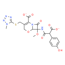ChemSpider 2D Image | 7-{[Carboxylato(4-hydroxyphenyl)acetyl]amino}-7-methoxy-3-{[(1-methyl-1H-tetrazol-5-yl)sulfanyl]methyl}-8-oxo-5-oxa-1-azabicyclo[4.2.0]oct-2-ene-2-carboxylate | C20H18N6O9S