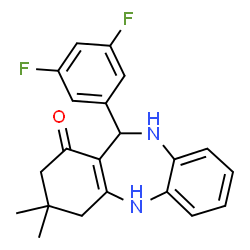 ChemSpider 2D Image | 11-(3,5-Difluorophenyl)-3,3-dimethyl-2,3,4,5,10,11-hexahydro-1H-dibenzo[b,e][1,4]diazepin-1-one | C21H20F2N2O